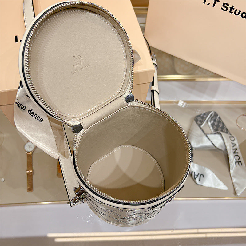 Women's Genuine Leather High-grade Round Fashion Cylindrical Bucket Bags