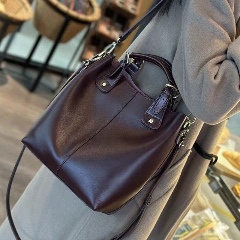 Women's Classic Vegetable Basket Genuine Leather Large Capacity Bucket Bags