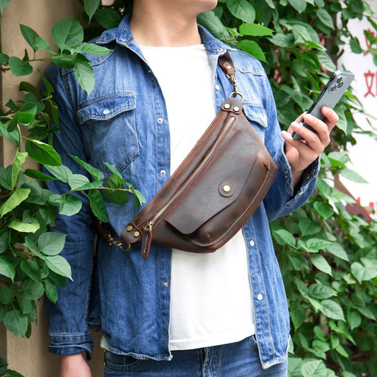 Men's Crazy Horse Leather Genuine Motorcycle Retro Men's Chest Bags