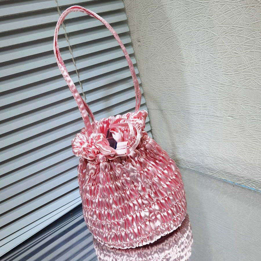 Women's High-grade Minority Fashion Simple Satin Pleated Drawstring Bucket Bags