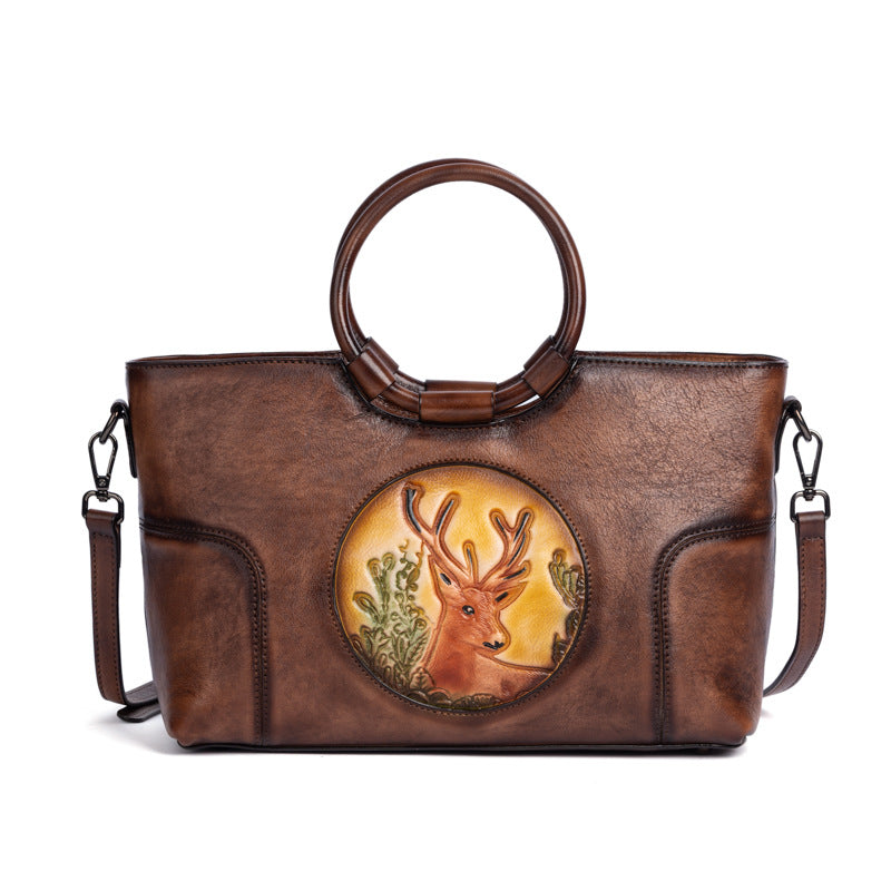 Women's Layer Cowhide Vintage Special Deer Head Handbags