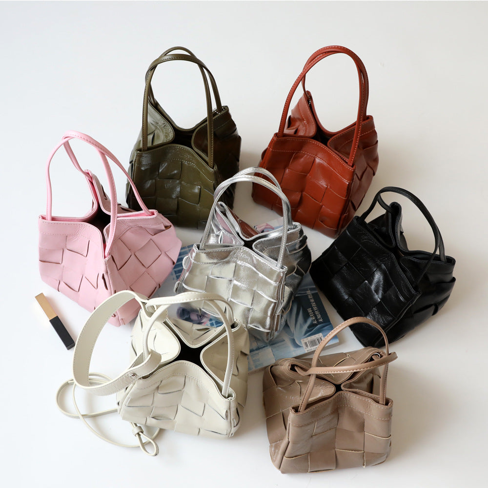 Women's First Layer Cowhide Woven Portable Wrist Bucket Bags