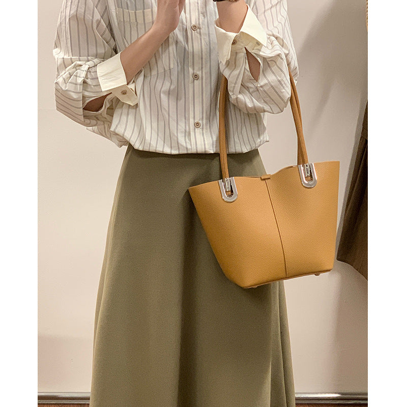 Women's Layer Cowhide Vegetable Basket High-grade Hand Bucket Bags