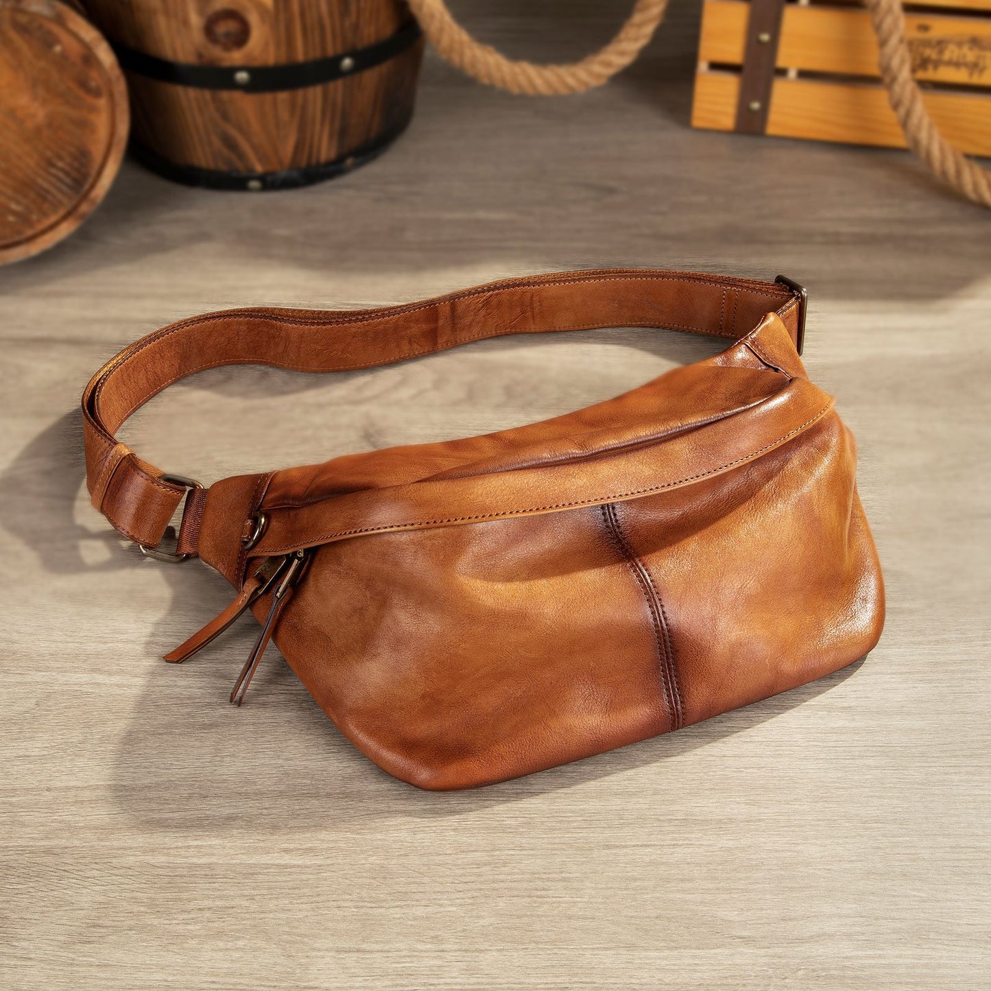 Men's Leather First Layer Cowhide Simple Motorcycle Men's Chest Bags