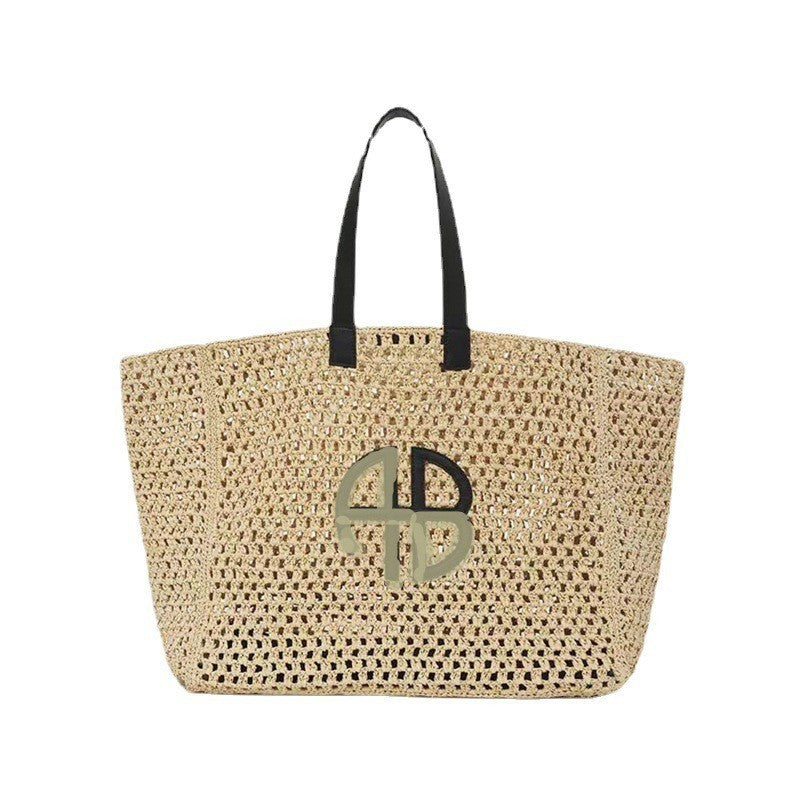 Sign Straw Woven Beach Black Strap Bags