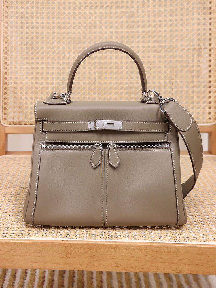 Women's Wide Strap Leather Kelly Double Pocket Crossbody Bags