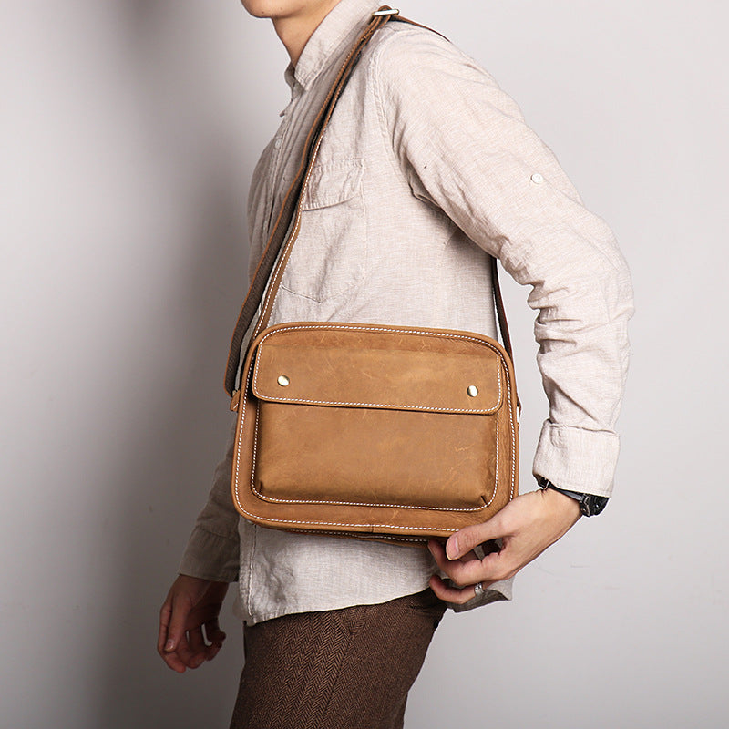 Men's Cowhide Simple Crazy Horse Leather Small Square Bags