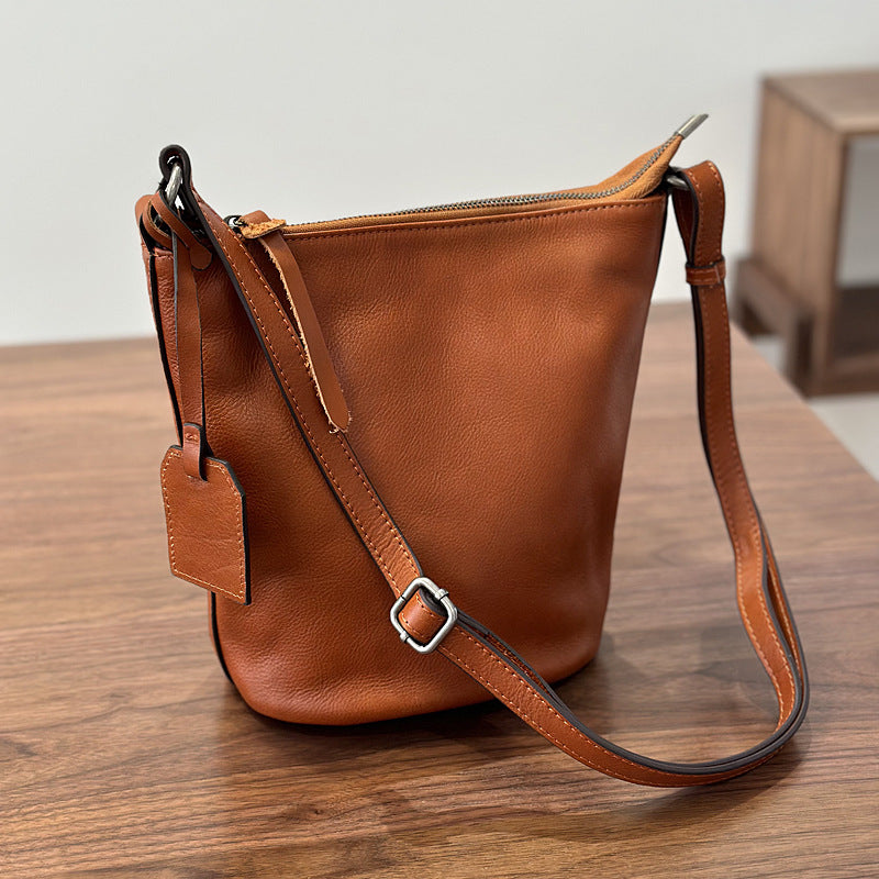 Women's Leather For First Layer Cowhide Retro Bucket Bags