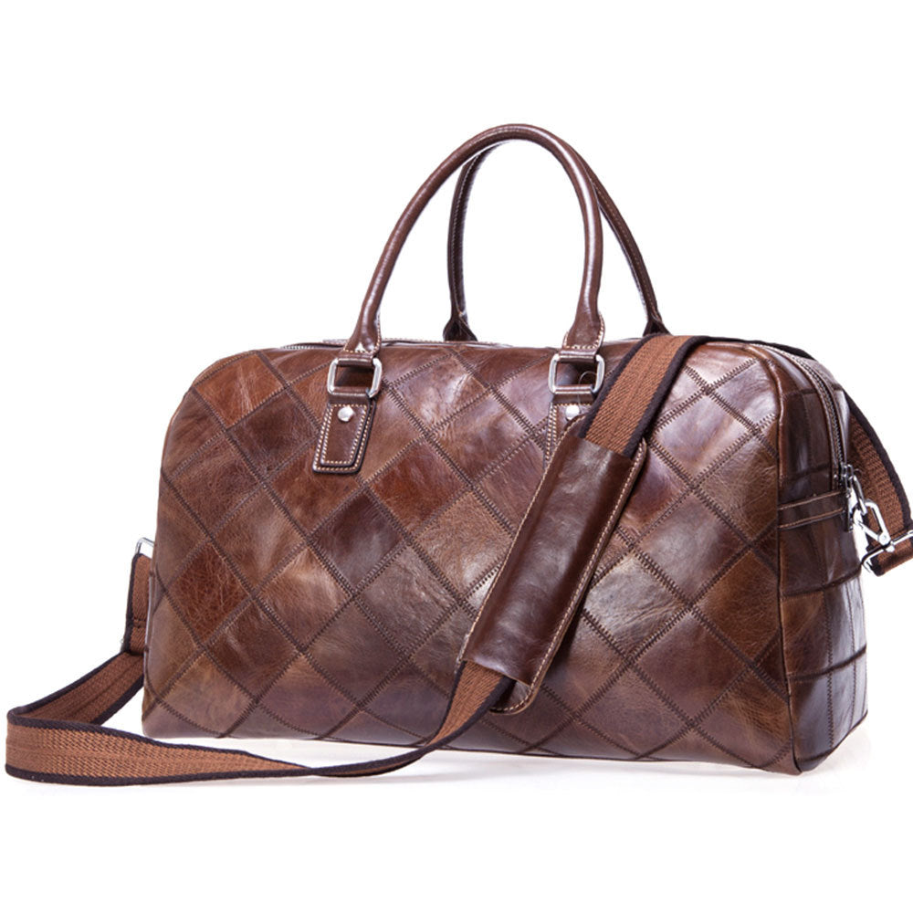 Men's Leather First Layer Cowhide Plaid Retro Travel Bags