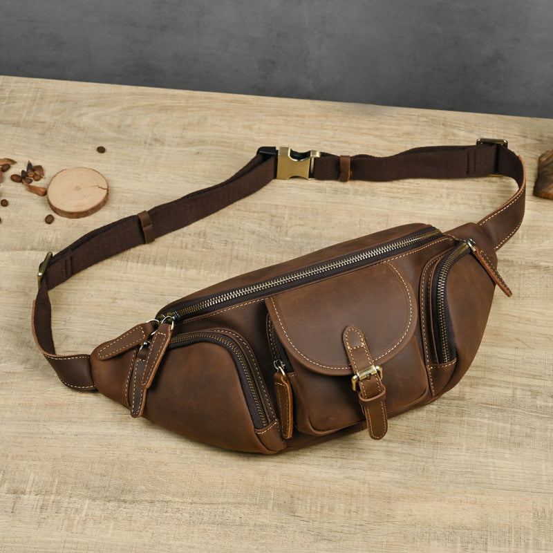 Crazy Horse Leather Retro Motorcycle Genuine Men's Chest Bags