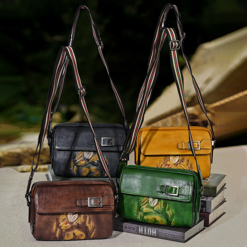 Chinese Style Embossed Rabbit First Layer Shoulder Bags