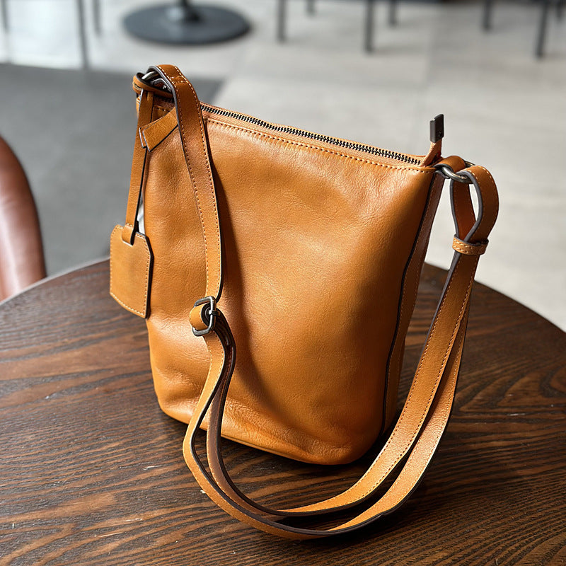 Women's Leather For First Layer Cowhide Retro Bucket Bags
