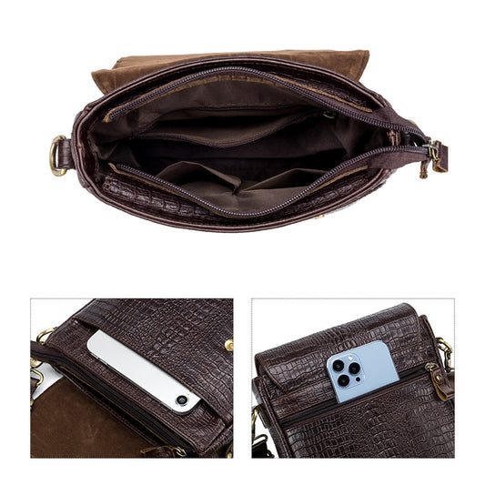 Men's Lion First Layer Cowhide Crocodile Pattern Men's Shoulder Bags