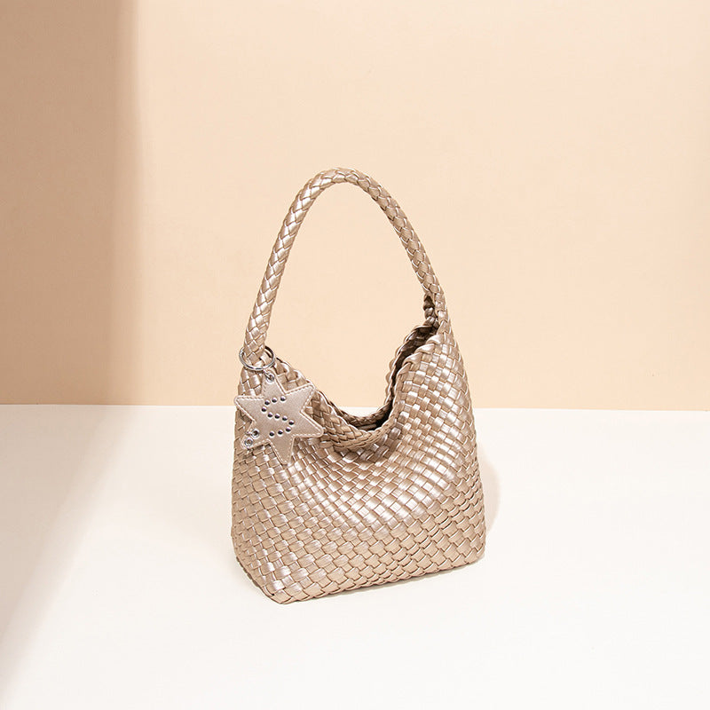 Women's Live Broadcast Champagne Gold Woven Large Shoulder Bags
