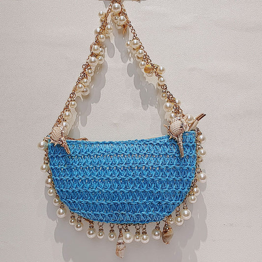 Women's Pearl Conch Straw Woven Seaside Holiday Handbags