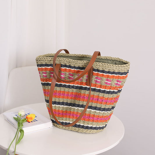 Women's Striped Straw Elegant Portable Woven Seaside Shoulder Bags