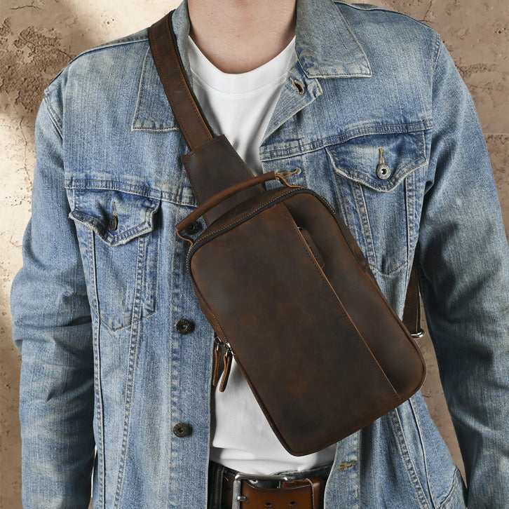 Men's Ancient Hipster First Layer Crazy Horse Men's Chest Bags