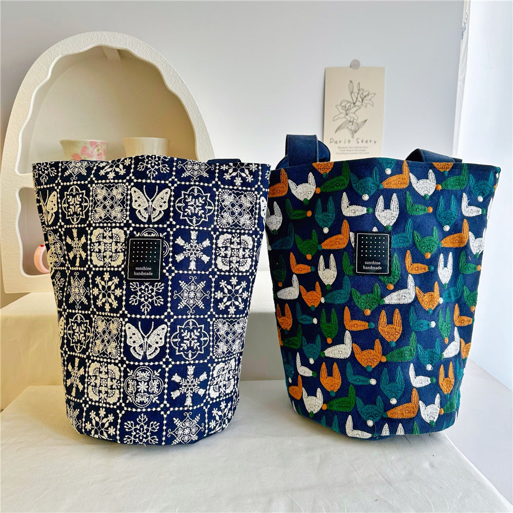 Women's Cotton Linen Embroidery Fabric Round Barrel Bucket Bags