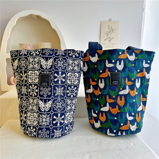 Women's Cotton Linen Embroidery Fabric Round Barrel Bucket Bags