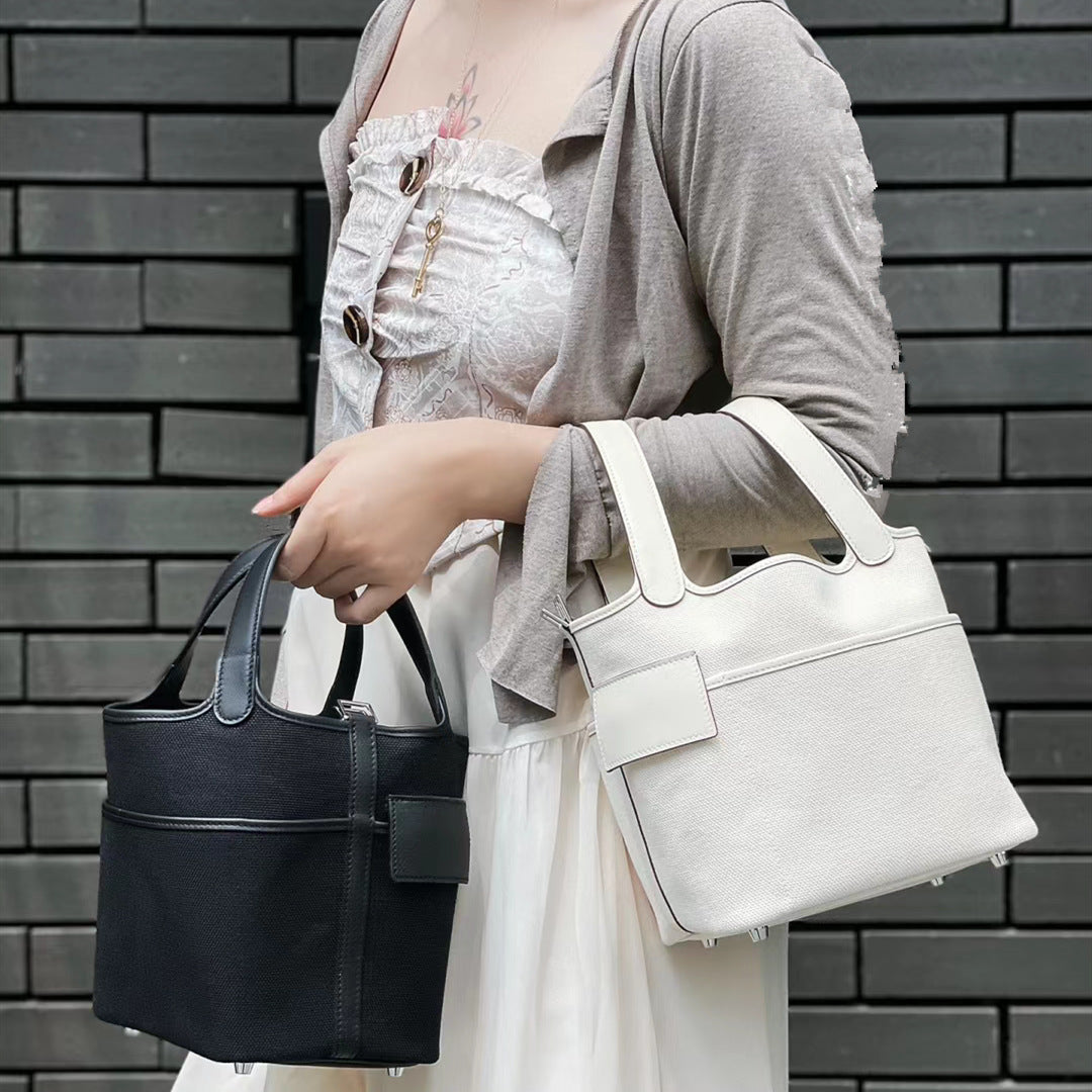 Vegetable Basket Canvas Stitching Plain Cowhide Bags