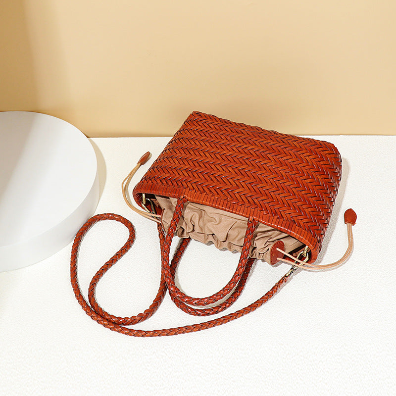Women's French Food Basket Woven First Layer Cowhide Tote Bags