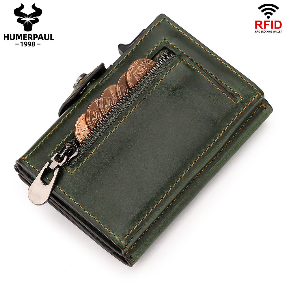 Oil Wax Crazy Horse Leather Pocket Automatic Card Holder