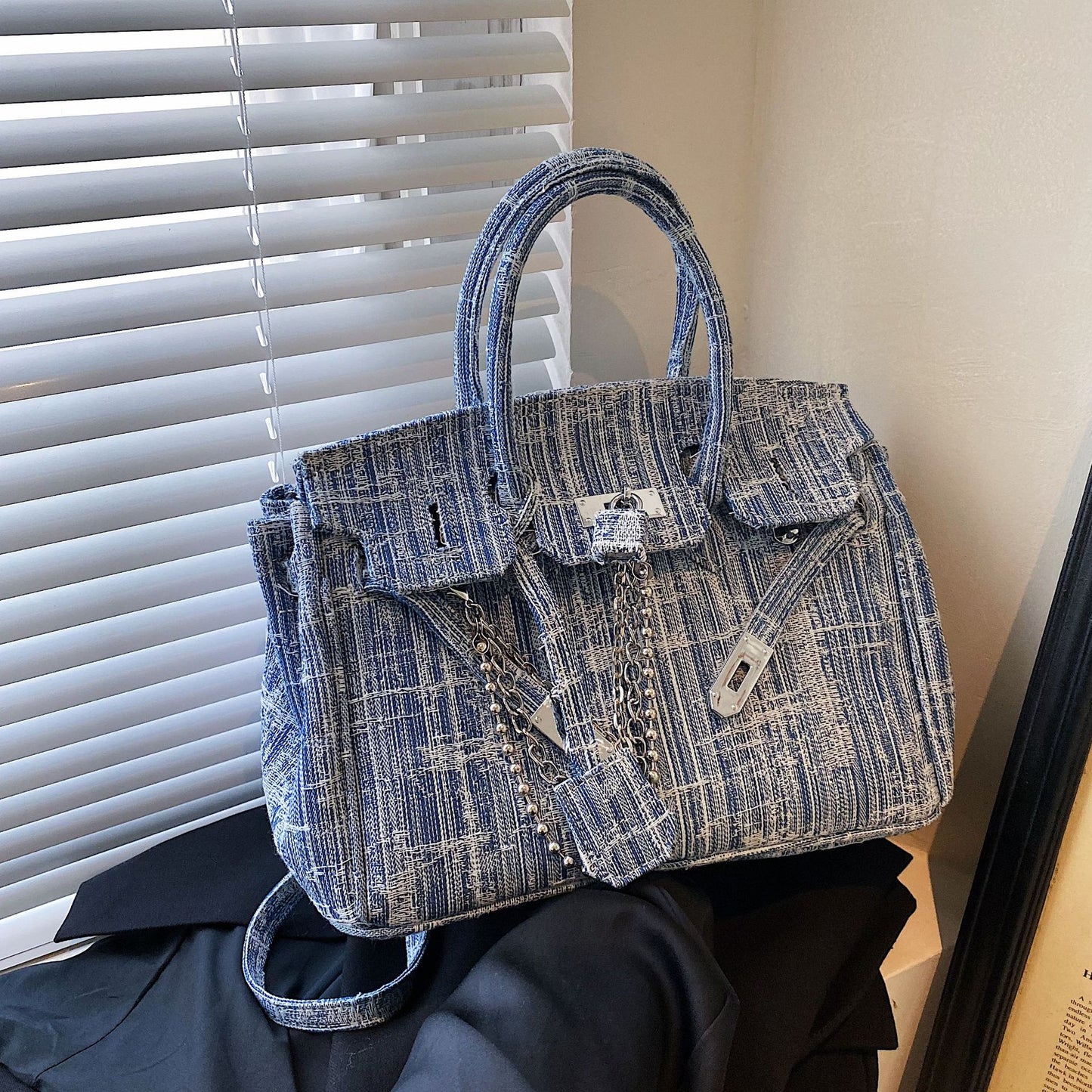 Large Capacity Denim Blue Portable Platinum Shoulder Bags