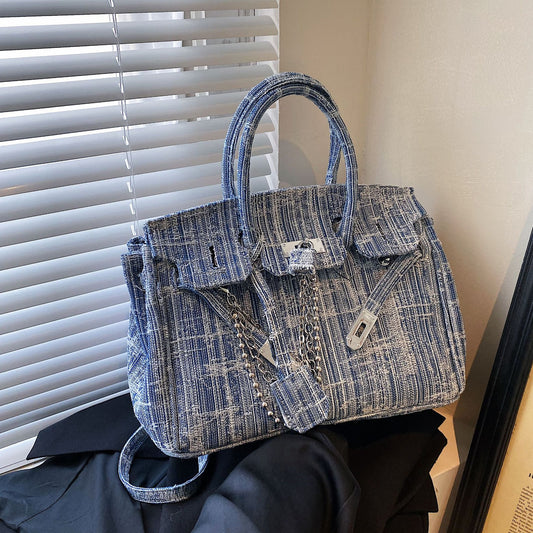 Large Capacity Denim Blue Portable Platinum Shoulder Bags