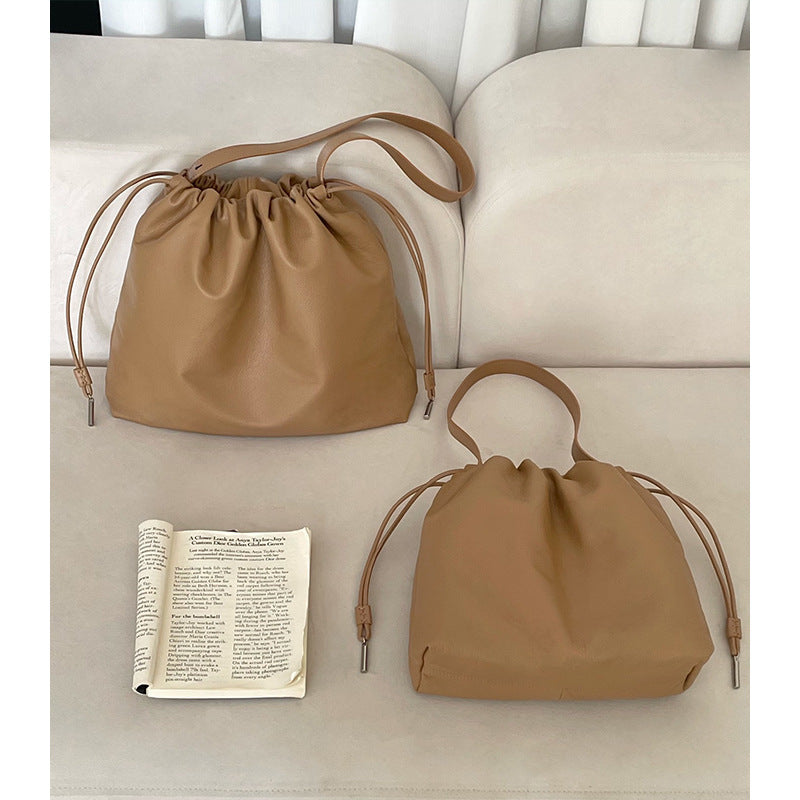 Women's Soft Calfskin Cloud Genuine Leather Drawstring Large Capacity Shoulder Bags