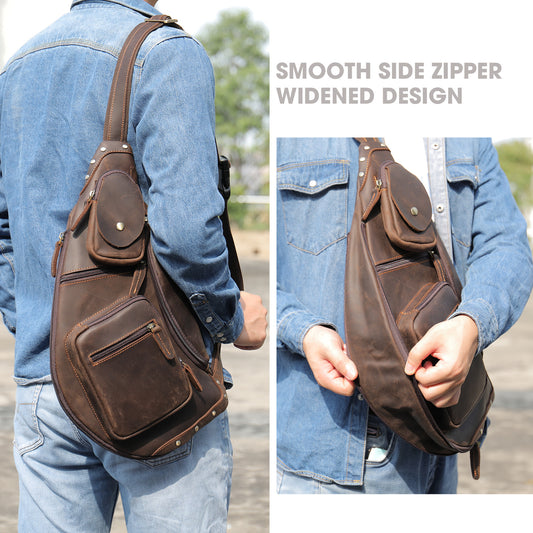 Men's Retro Crazy Horse Leather Personalized Large Men's Chest Bags