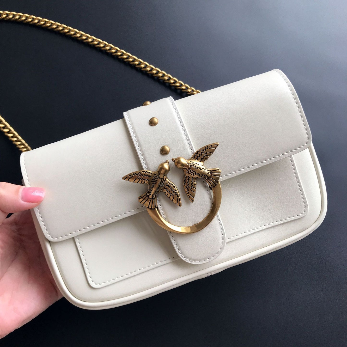 Women's High Quality Leather Rivets Chain Swallow Small Square Bags