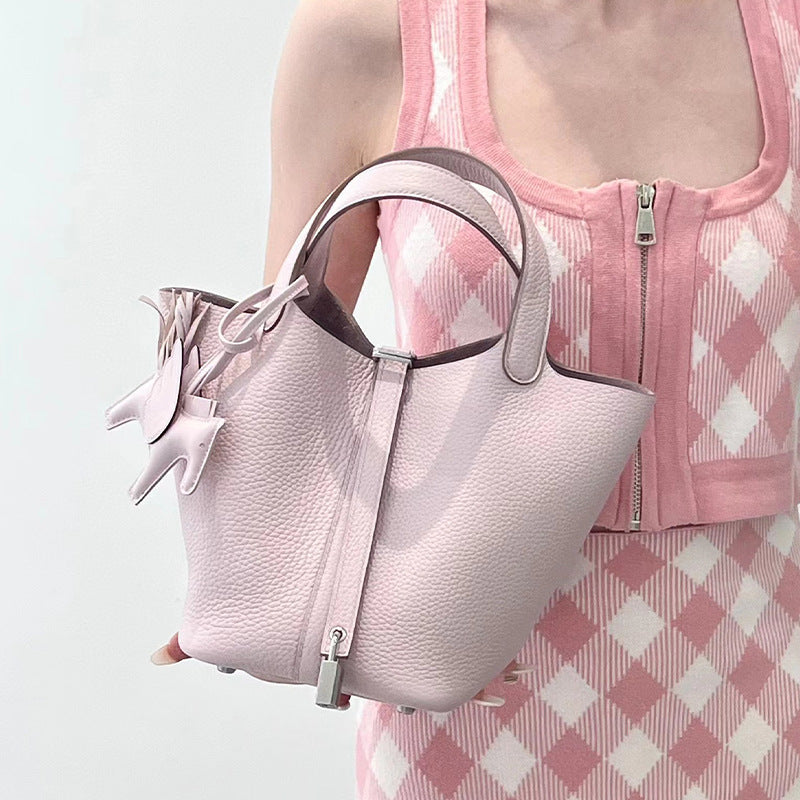 Women's Imported Leather Color Matching Vegetable Basket Handbags