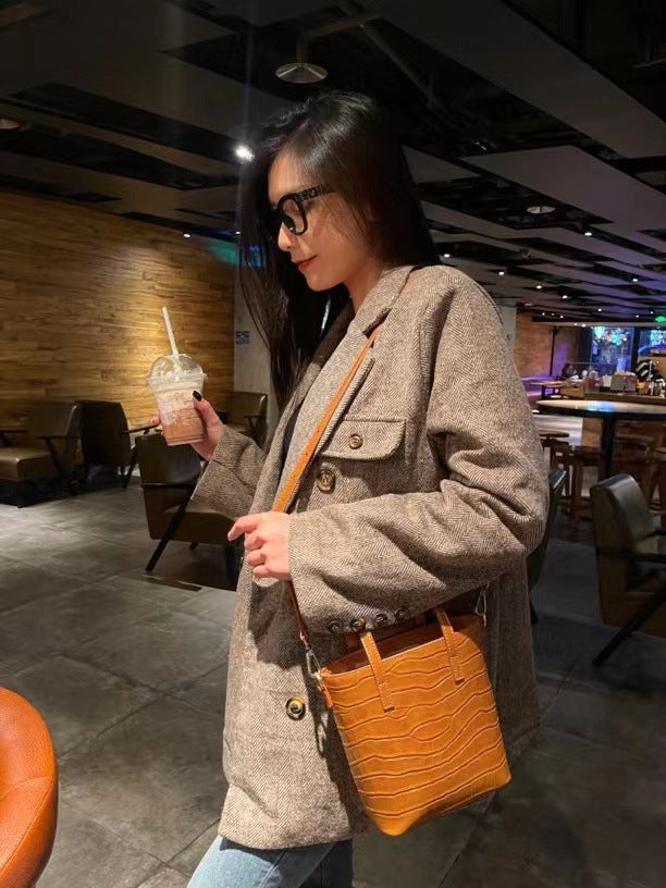 Leather Cowhide Crocodile Pattern Portable Genuine Bucket Bags