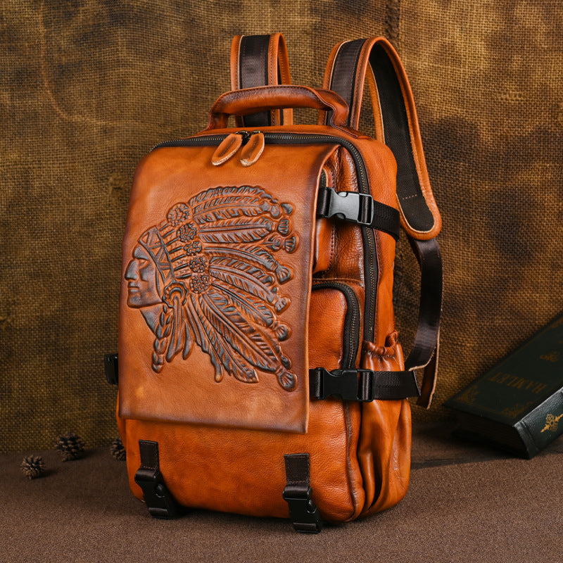 Men's Old First Layer Leather Embossing Brush-off Backpacks