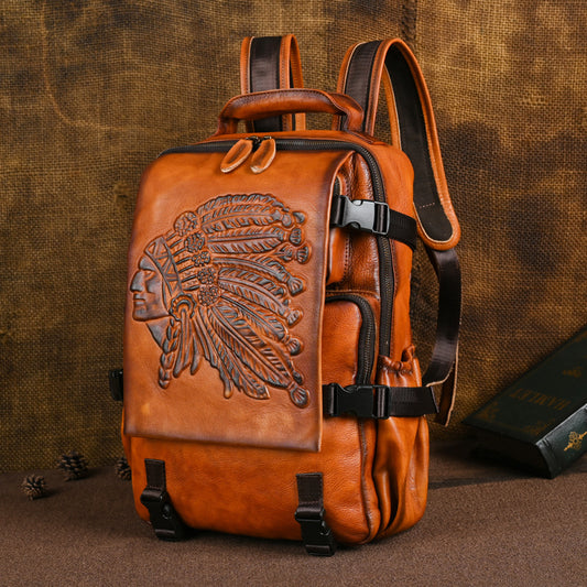 Men's Old First Layer Leather Embossing Brush-off Backpacks