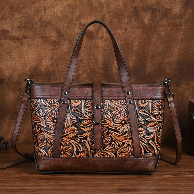 Women's Layer Cowhide Hand Carved Vintage Large Tote Bags