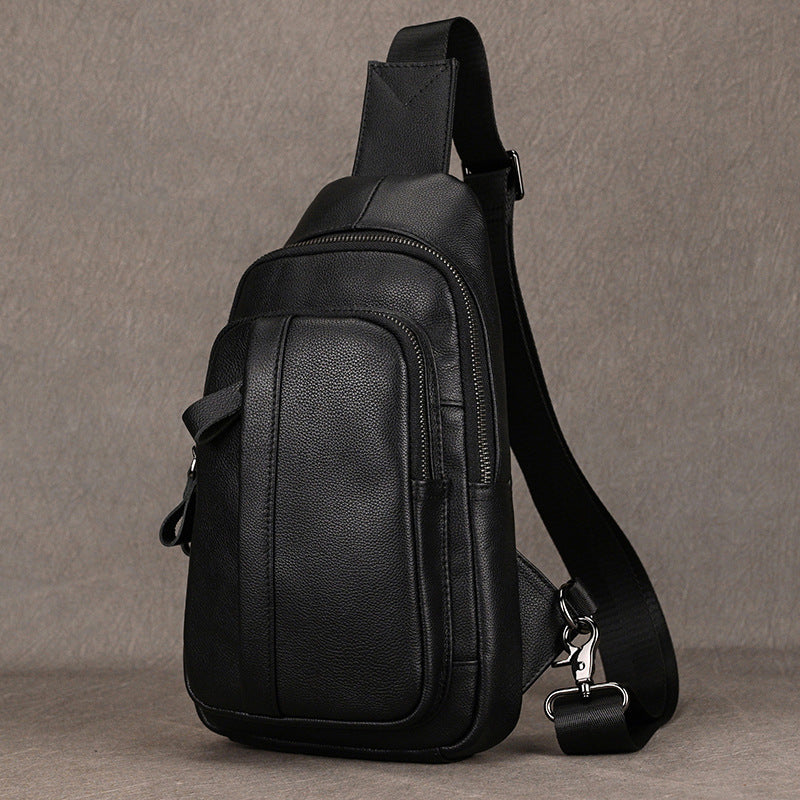 Men's Leather Black Large Capacity Leisure Cowhide Men's Chest Bags