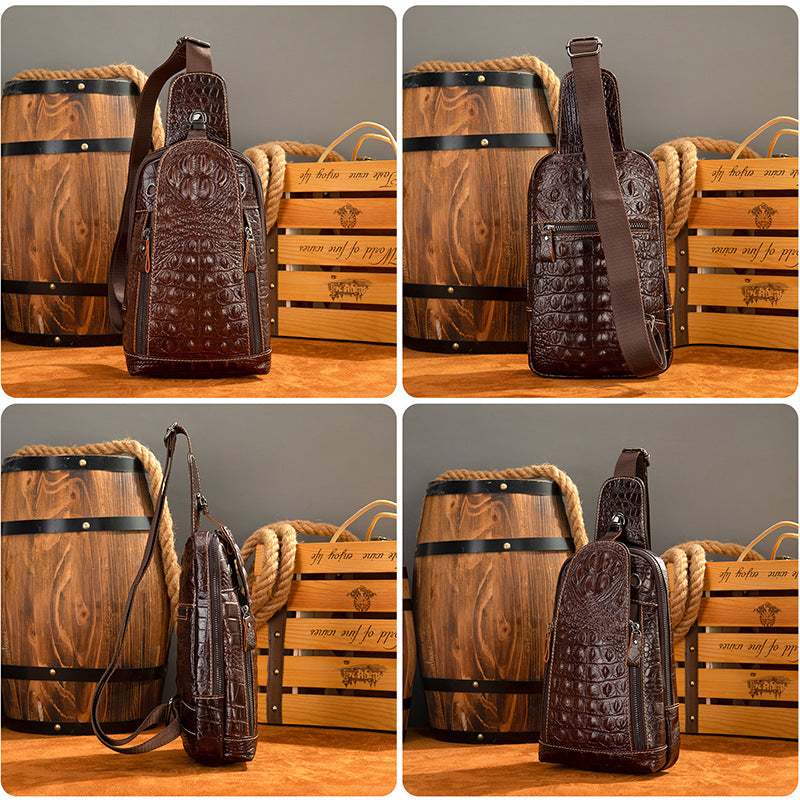 Men's Crocodile Pattern Cowhide Genuine Leather Trendy Men's Chest Bags