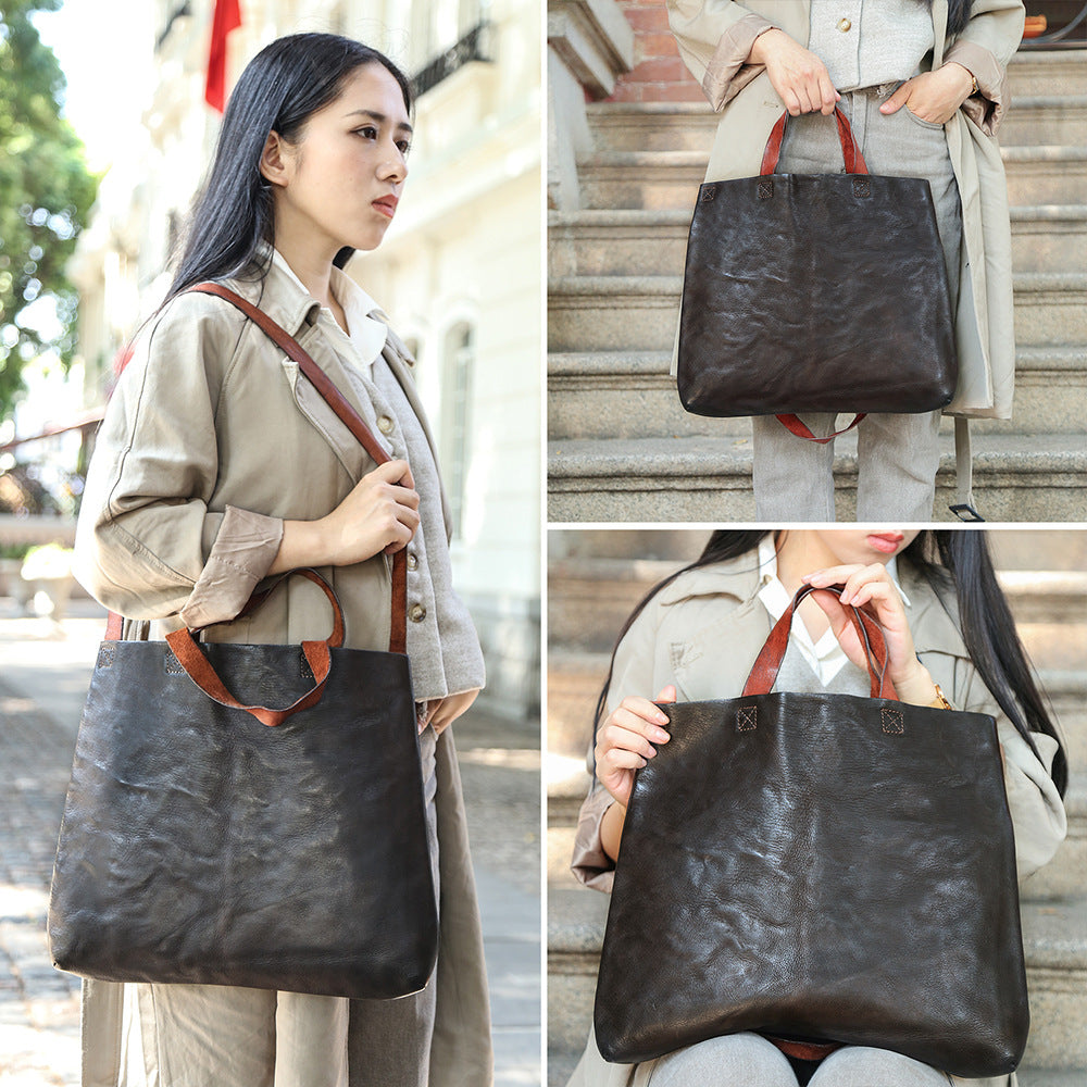 Women's Leather Simple Retro Large Capacity Idle Tote Bags