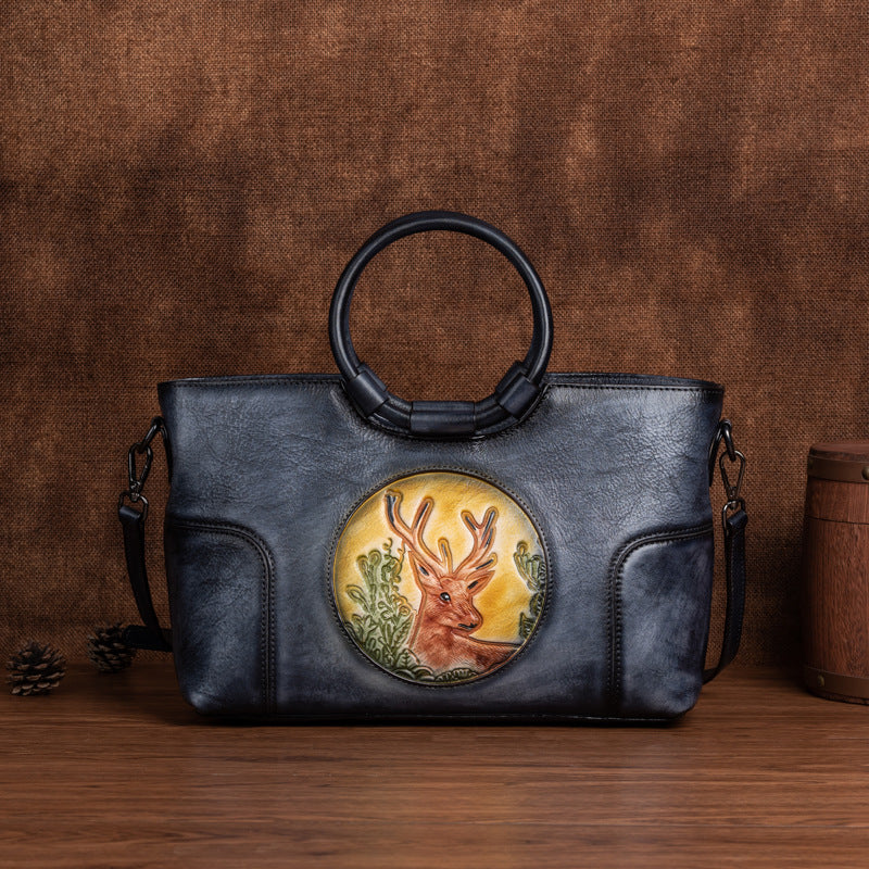 Women's Layer Cowhide Vintage Special Deer Head Handbags