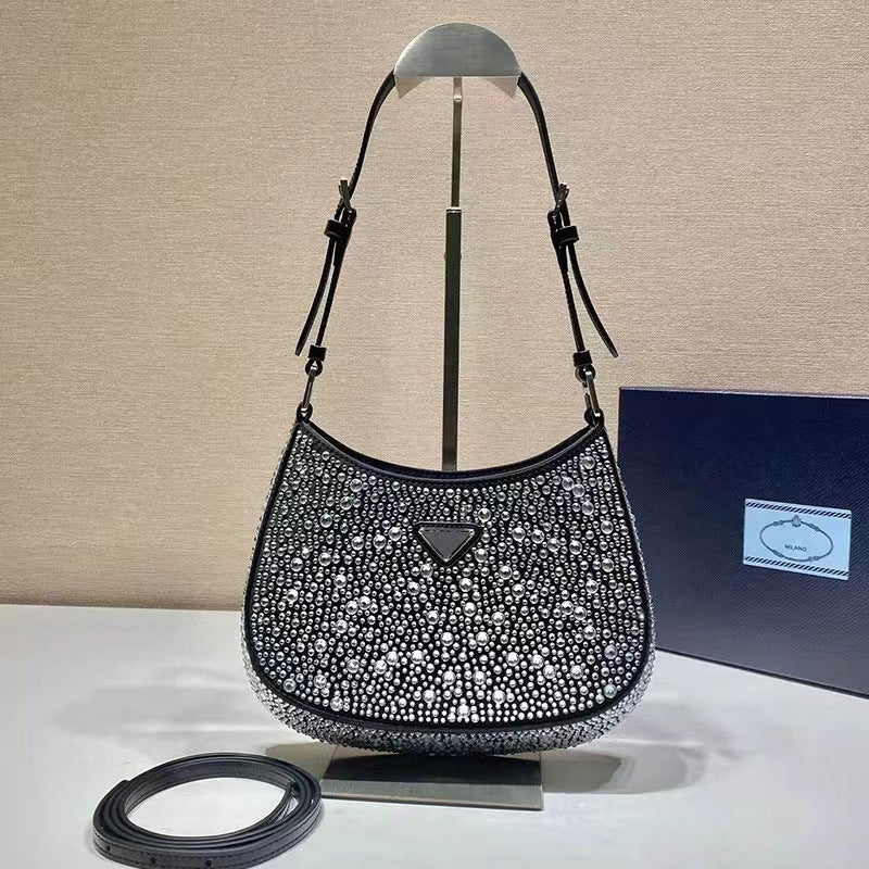 Women's P Satin Diamond Underarm Crystal Glossy Shoulder Bags