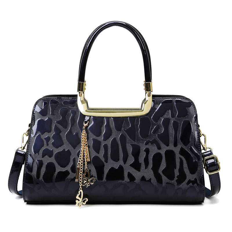 Women's High-grade Patent Leather Stone Pattern Boston Handbags