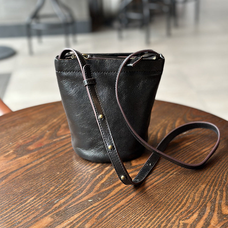 Women's Style Top Layer Cowhide Mini Retro Bucket Bags