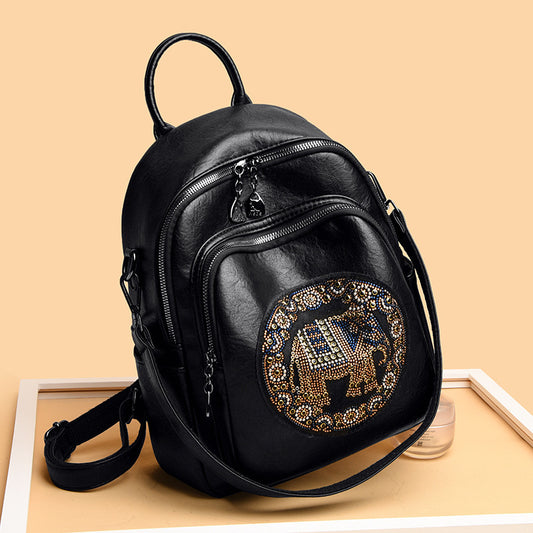 Women's Sheepskin Embroidered Lucky Elephant High-grade Rhinestone Backpacks