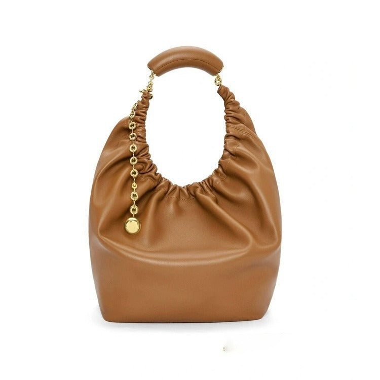 Pleated Soft Cowhide Underarm Chain Genuine Bucket Bags