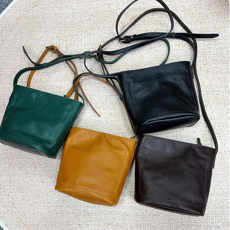 Women's Top Layer Vegetable Tanning Leather Retro Bucket Bags