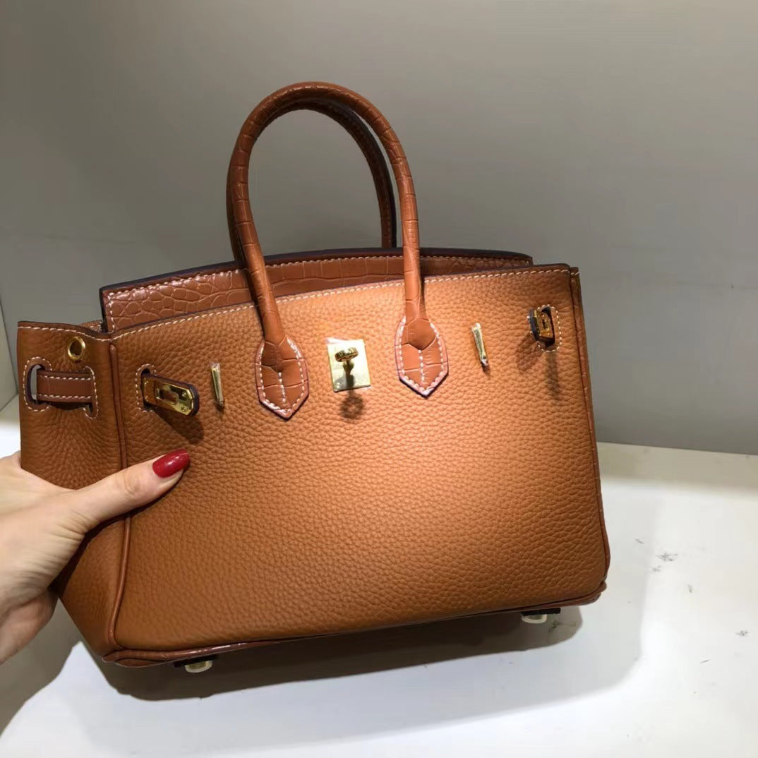 Pattern Color Matching Calfskin Litchi Genuine Handbags