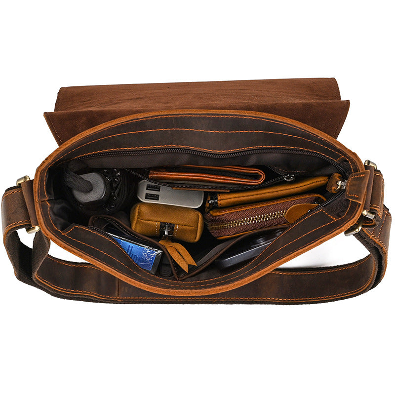 Men's Crazy Horse Large Capacity Flip Can Men's Shoulder Bags