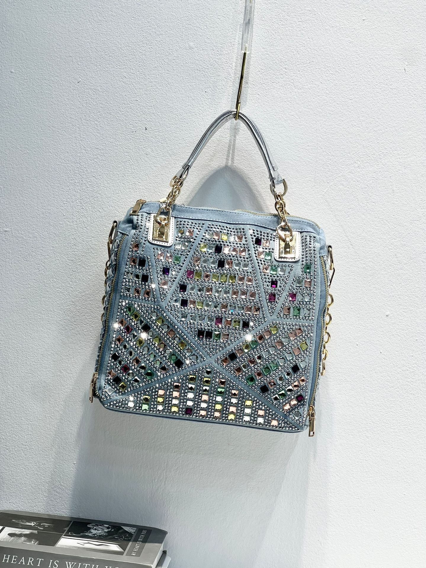 Women's Fashion Rhinestone Denim Diamond Woven Large Tote Bags