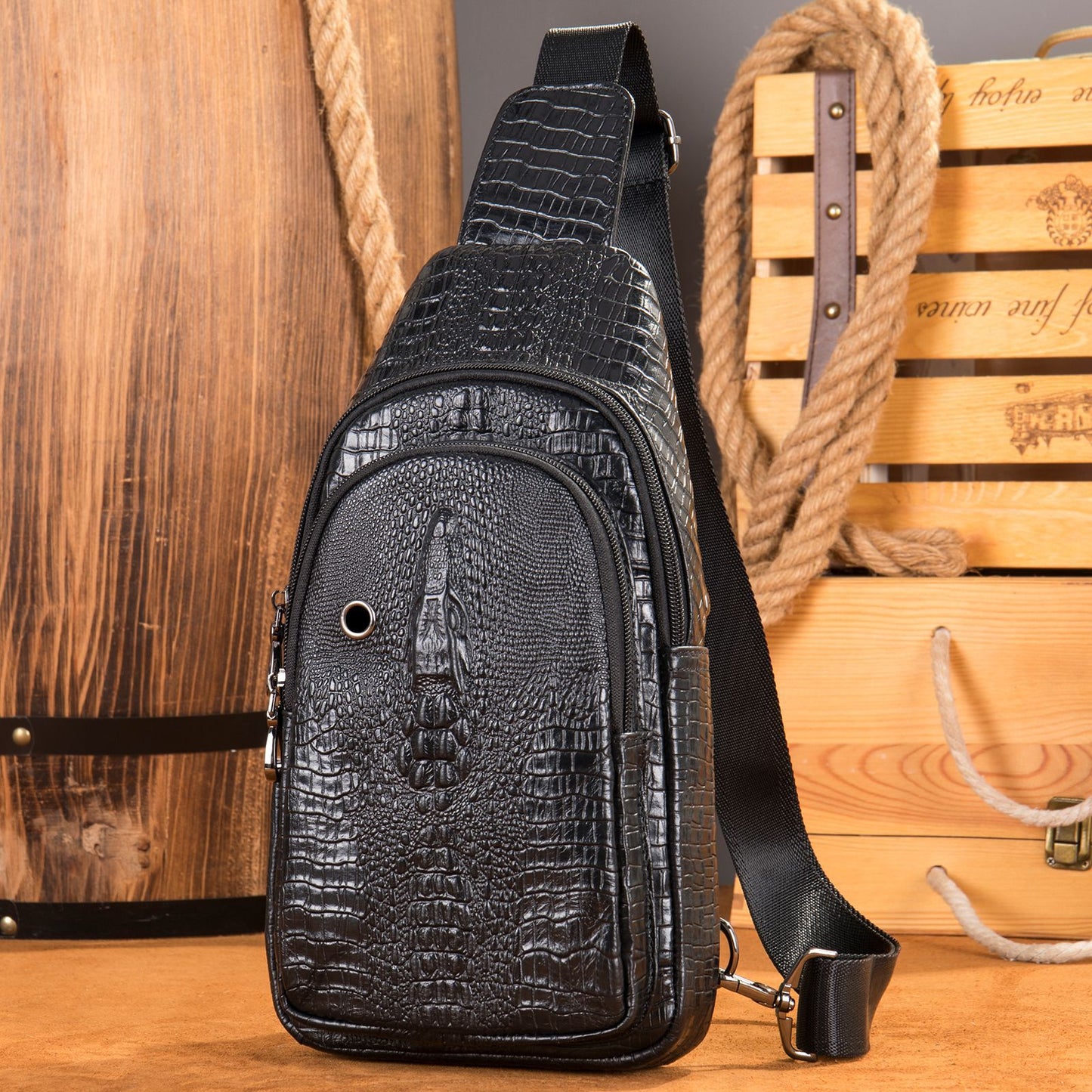 Men's Crocodile Pattern Earphone Retro Fashion Men's Chest Bags